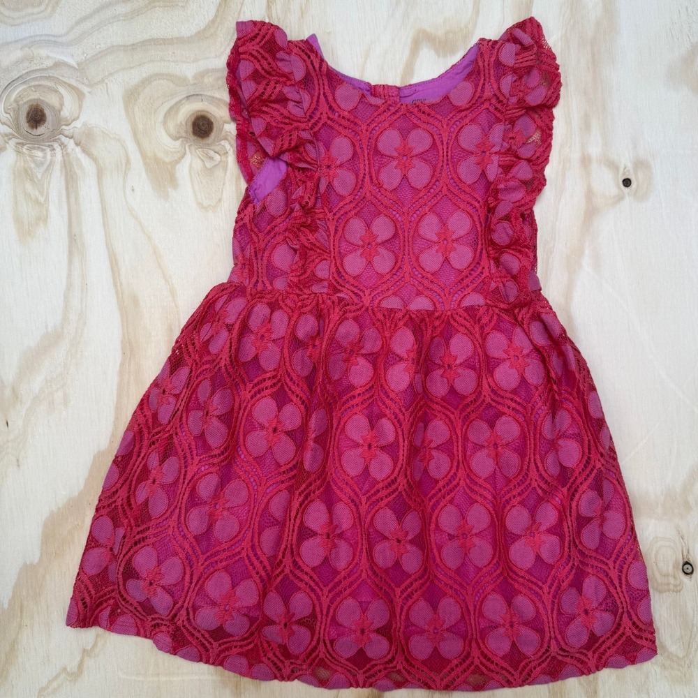 Genuine Kids OshKosh Pink Floral Lace Ruffle Dress 5T Sleeveless Button Back